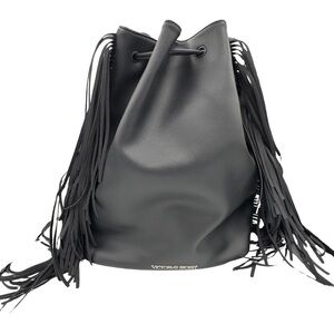 Victoria's Secret Black Faux Leather Shoulder Bucket Bag Fringe Backpack Tote